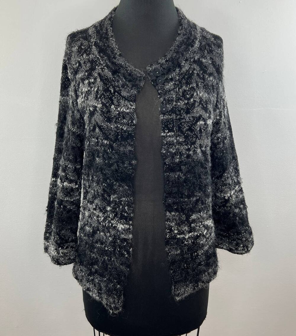 Eileen Fisher Black White Marled Knit Nylon Wool Blend Open Cardigan Sz S Small